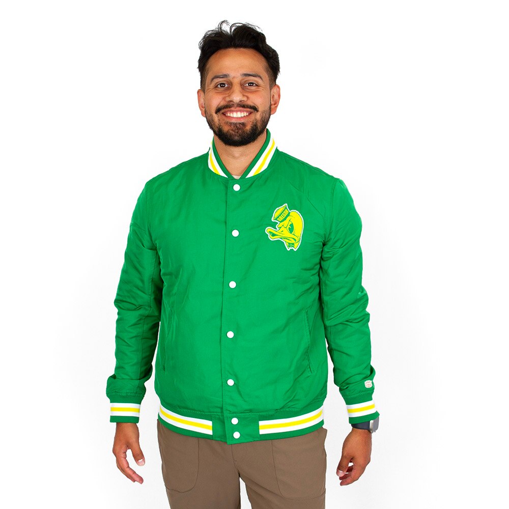 Arched Oregon, Green, Coat/Jacket, Polyester, Men, Unisex, Football, Homefield, Bomber style, Stripe cuff, 40's Duck Head, Snap Front, 923545